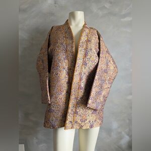Handmade Vtg Style Brocade Jacket Orange and Grey Overcoat Open Front Jacket